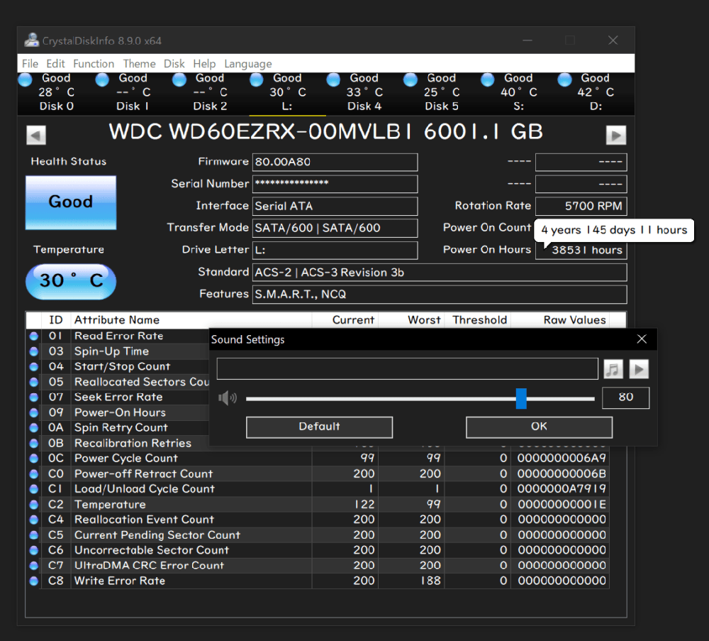 CrystalDiskInfo showing SSD and hard drive health on Windows