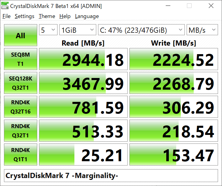 CrystalDiskMark measuring read and write speed on Windows