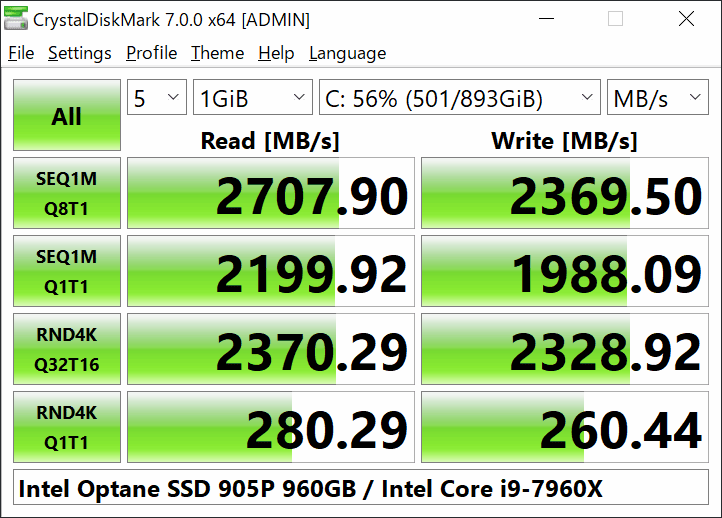 CrystalDiskMark measuring read and write speed on Windows