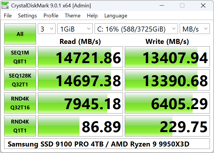 CrystalDiskMark measuring read and write speed on Windows