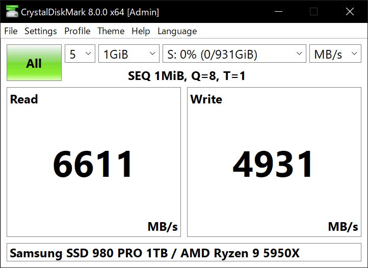 CrystalDiskMark measuring read and write speed on Windows