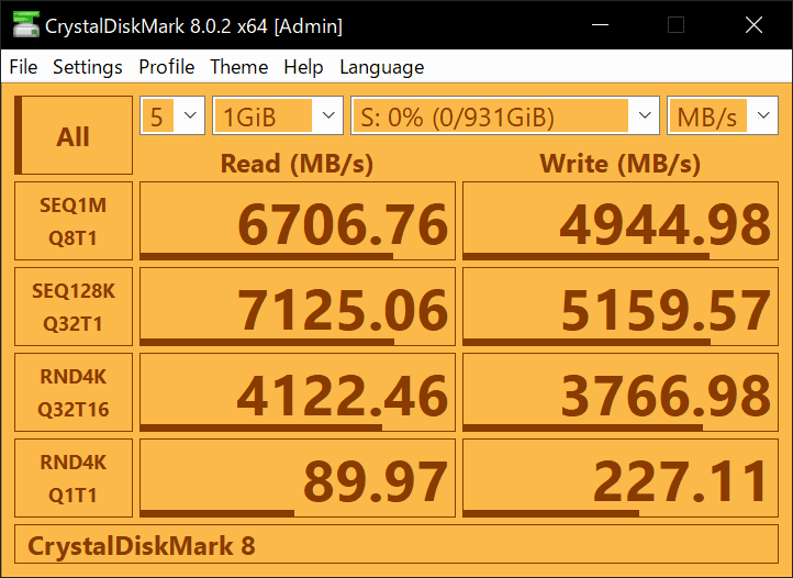 CrystalDiskMark with an alternate color theme