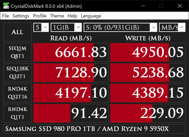 CrystalDiskMark dark theme benchmark results