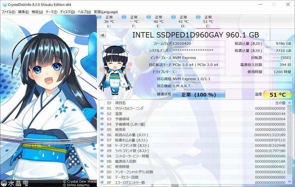 CrystalDiskInfo Shizuku edition with drive health readings