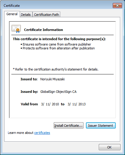 Digital signature details shown for a Windows installer